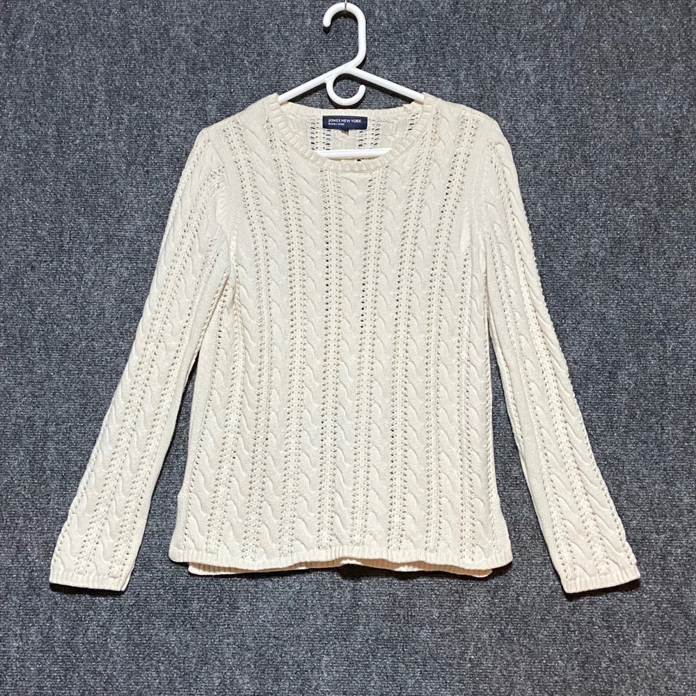 Jones New York Signature‎ Lace Rib & Cable Sweater Women's Large Cream Crochet